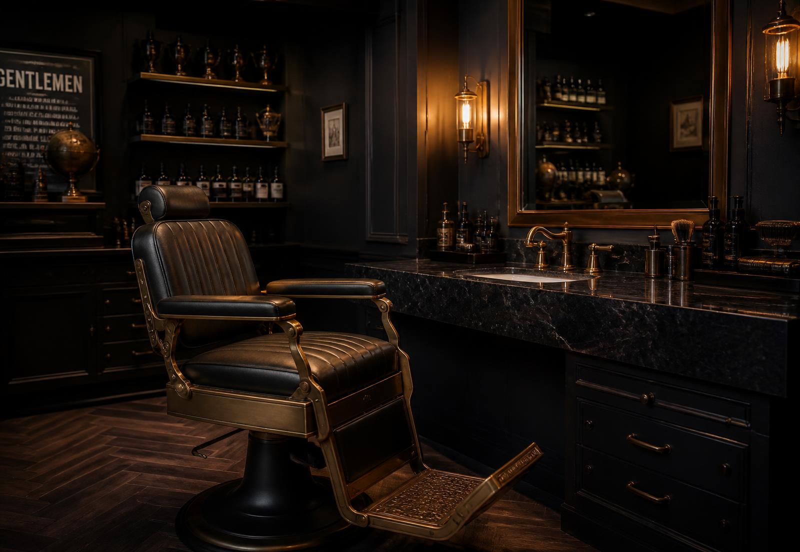 Interior of a dark luxury barbershop with brass fixtures and a leather barber chair