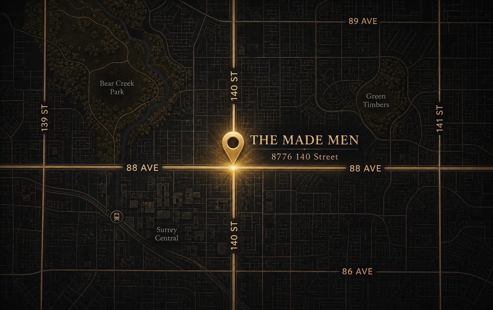 Illustrated map highlighting The Made Men at 140 Street and 88 Avenue, Surrey BC