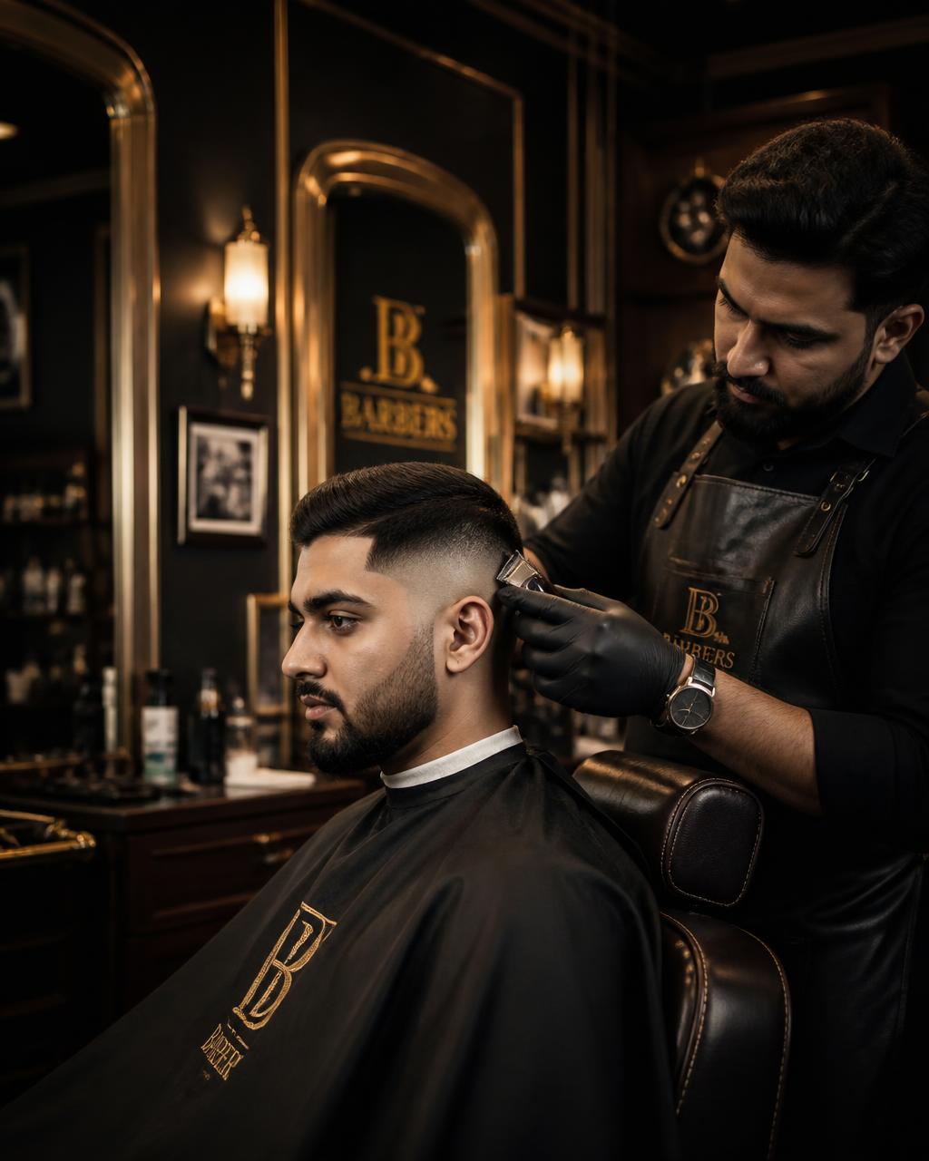 Barber giving a precision fade haircut in a warmly lit barbershop