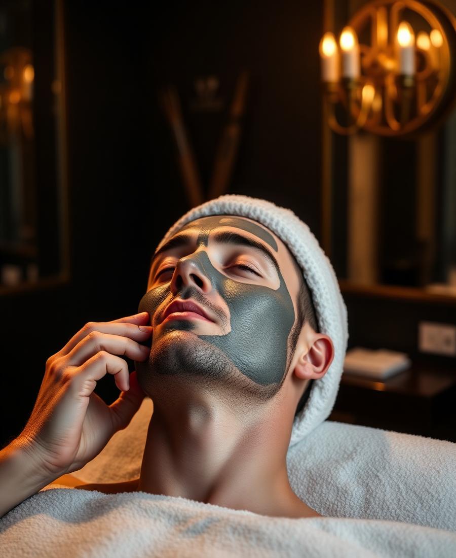 Man receiving a premium facial treatment with a clay mask